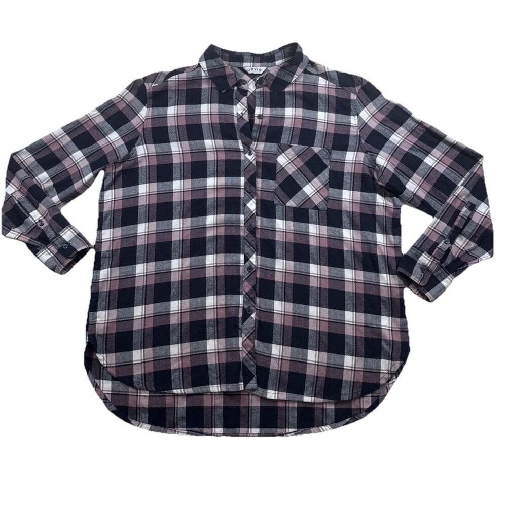 Orvis Flannel Shirt Women's Pink Navy White Plaid Button Up Long‎ Sleeve